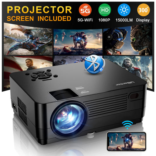 5G Wi-Fi Projector with Screen – Native 1080p, 15 000 LM Brightness, Bluetooth, Supports 300″ Display