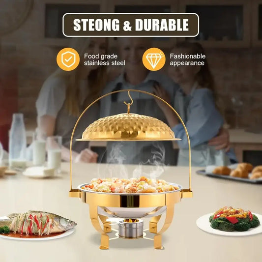 Golden Stainless Steel 8 L / 8.5 QT Round Chafing Dish Buffet Set with Alcohol Burner & Hanging Lid