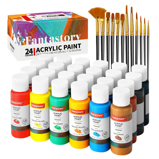 Fantastory 24-Color Acrylic Paint Set with 12 Professional Brushes – Ideal for Canvas, Glass & Wood 🎨🖌️