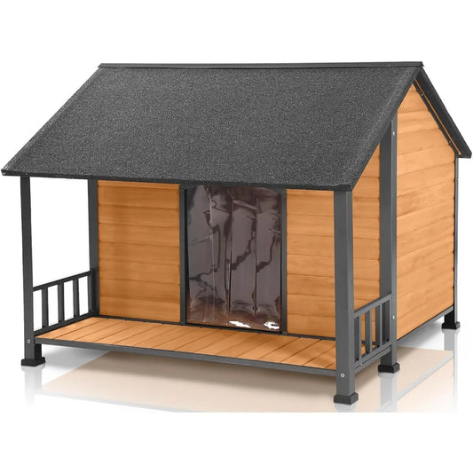 Outdoor Weatherproof Dog House – Fir Wood & Iron Frame Shelter for Large Breeds (Easy Assembly)