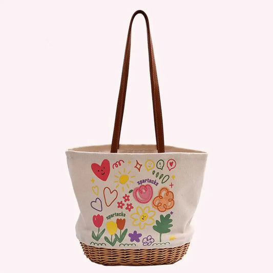 Women’s Straw Shoulder Bag – Patchwork Canvas Printed Bucket Tote with Large Capacity for Shopping & Travel 👜🌴