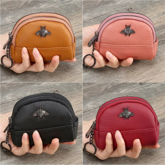 Cute Bee Decor Women’s Leather Coin Purse – Small 2-Zipper Wallet with Keychain Ring