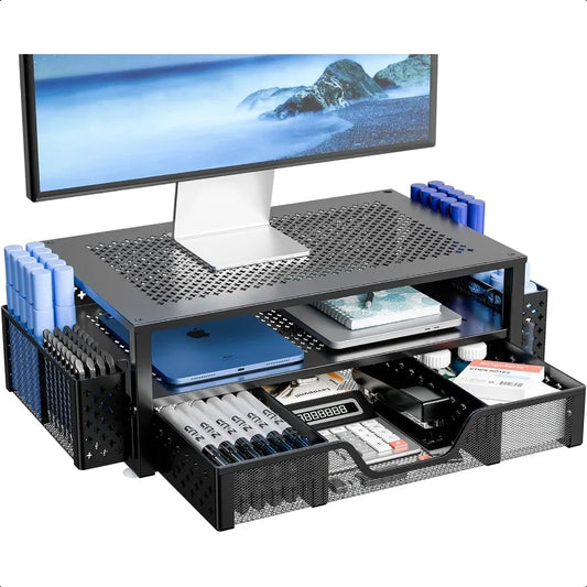Simple Trending 2-Tier Metal Monitor Stand – Desktop Riser & Desk Organizer with Drawer and Pen Holder for Laptop & Computer