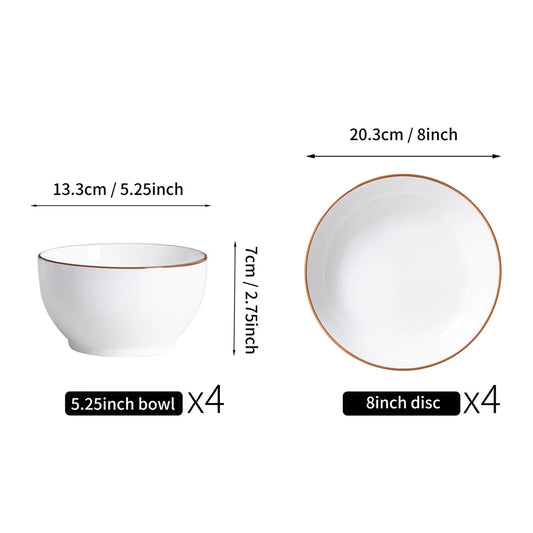 8-Piece Elegant Porcelain Tableware Set – Premium Ceramic Bowls & Plates for Home & Gift