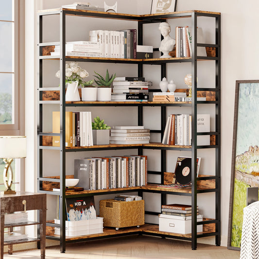 IRONCK Industrial 6-Tier Corner Bookshelf – Metal Frame Bookcases with Baffles & Storage Rack for Living Room