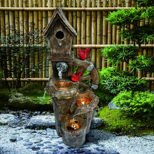 Decorative Garden Birdhouse Three-Tier Water Fountain – Outdoor LED Lighted Fountain with Water Wheel | Elegant Yard & Patio Décor