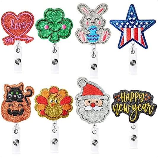 🎉 8PCS Holiday Badge Reels – Embroidered Felt Retractable ID Holders with Alligator Clip (Heart, Clover, Bunny & More)