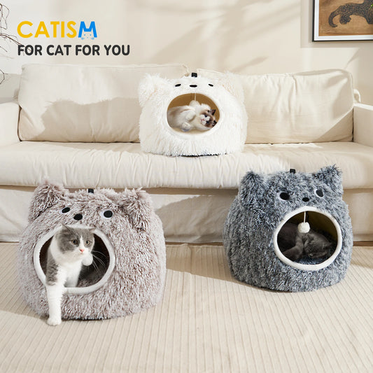 Catism Cat Head-Shaped Bed – Plush Hooded Cat House, Self-Warming Cozy Cave Pod for Indoor Cats & Small Dogs