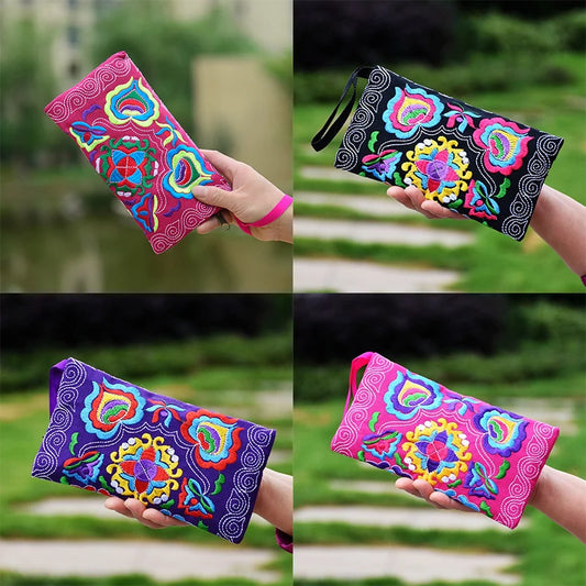 Ethnic Embroidery Clutch Bag & Coin Purse – Vintage Hand-Embroidered Mobile-Phone Wristlet for Women & Girls