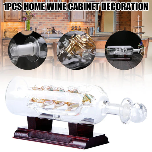 Sailboat in Drifting Bottle – 3D Glass Ornament with Wooden Base for Nautical Home & Tabletop Décor