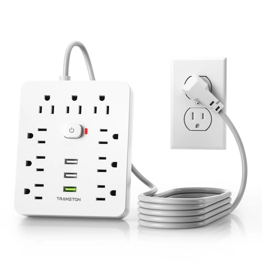 Power Outlet with Surge Protector – 9 AC Sockets + 3 USB Ports, 5FT Extension Cord, Quick Charge Power Strip for Home & Office (White)