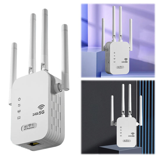 1200Mbps Dual Band WiFi Repeater – 4-Antenna Network Extender with LAN & WAN Ports for Home and Office Coverage