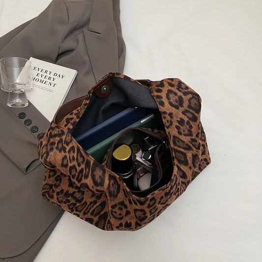 Women’s Suede Shoulder Bag with Magnetic Closure – Leopard Print Hobo Satchel