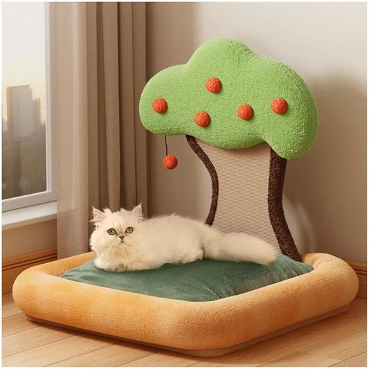 Cat Scratcher Bed with Fluffy Ball – Indoor Kitten & Large Cat Bed with Scratch Pad and Hanging Toy for Play & Rest