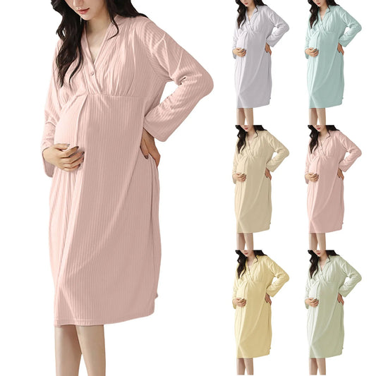 Women’s Maternity Gender Reveal Dress – Summer Nursing Nightdress with Thin Belt & Built-In Breast Pads