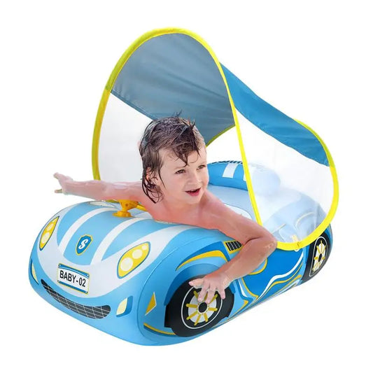 Baby Swim Float for 1-Year-Old – Sports Car Shape Inflatable Ring with Steering Wheel & Sunshade
