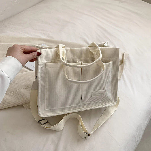 Women’s Multi-Pocket Corduroy Tote Bag – Casual Solid Color Handbag with Top Handle & Adjustable Strap for Work & Daily Use