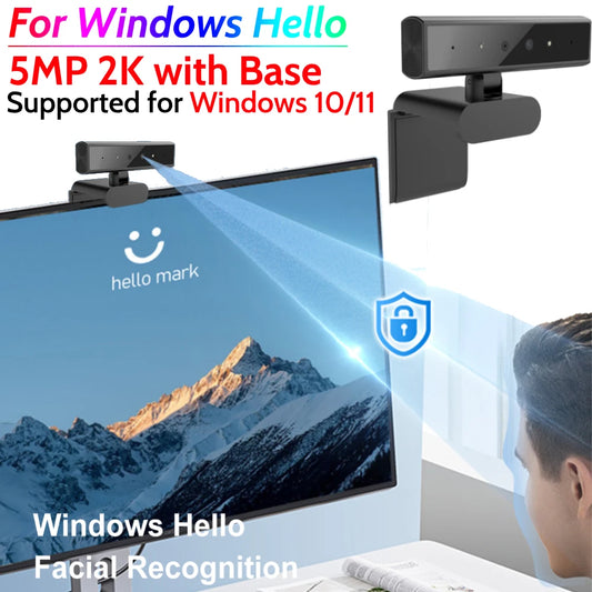 Facial Recognition Webcam – 5MP 2K Windows Hello Web Camera with Base Identification Login for Laptop & Desktop Computers