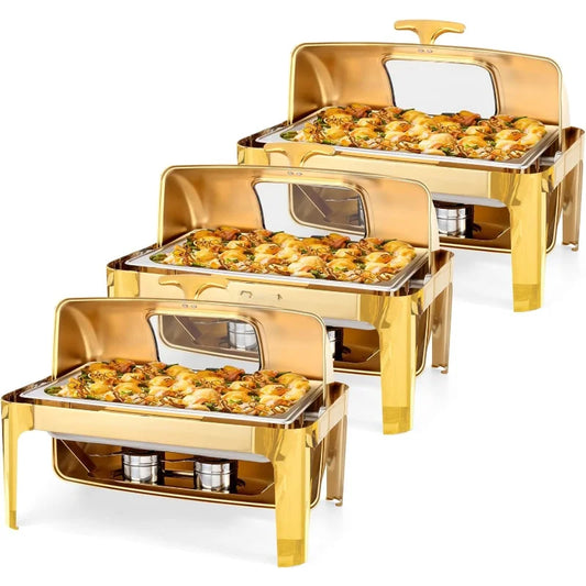 3-Pack 9QT Roll-Top Chafing Dish Buffet Set – Rectangular NSF Stainless Steel Food Warmers with Thick Frame