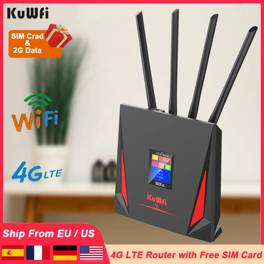 KuWFi 4G LTE Router CAT4 – 300Mbps WiFi Router & Modem with SIM Card Slot, RJ45 WAN/LAN & External Antenna (Supports 10 Users)