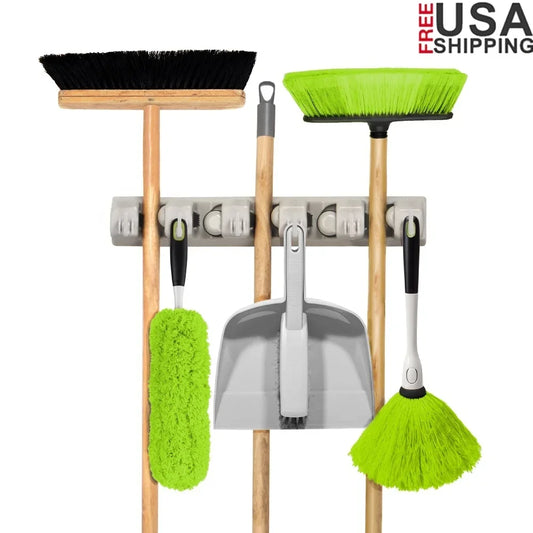Wall-Mounted Broom & Tool Holder Organizer – 6 Hooks + Anti-Slip Clips for Garage, Kitchen & Utility Room