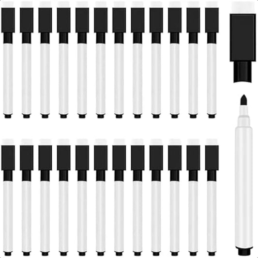 Magnetic Mini Dry Erase Markers – 25-Pack Fine Point Whiteboard Markers with Eraser Caps (Black)
