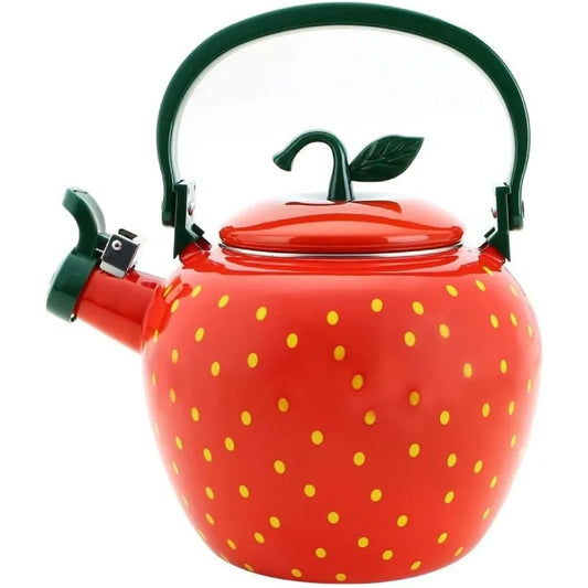 Whistling Tea Kettle – Enamel on Steel Stovetop Teapot with Strawberry Design, Cute Kitchen Water Kettle