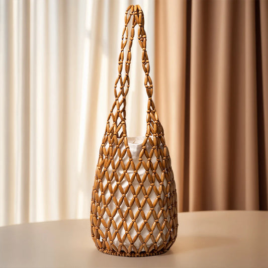 Women Woven Wicker Tote Bag – Hollow-Out Wooden Bead Hand-Bag with Canvas Netted Body, Beach & Summer Shoulder Bucket Bag