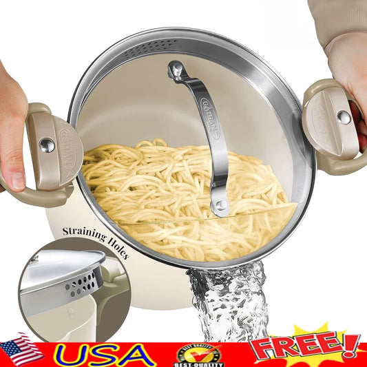 5-Quart Nonstick Ceramic Stock Pot with Glass Lid – Twist Lock Handles & Strainer for Easy Cooking 🍲✨