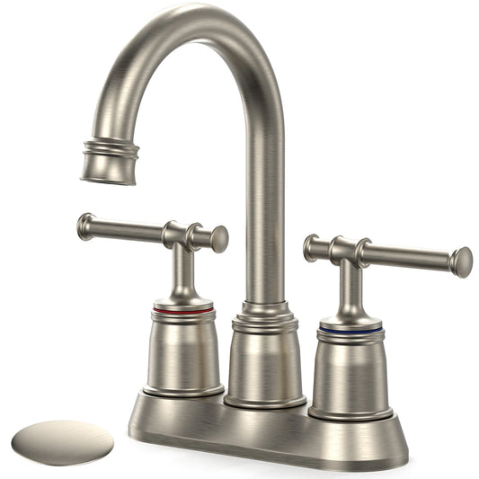 Brushed Nickel 4-Inch Centerset 2-Handle Faucet with Pop-Up Drain & 360° Swivel Spout