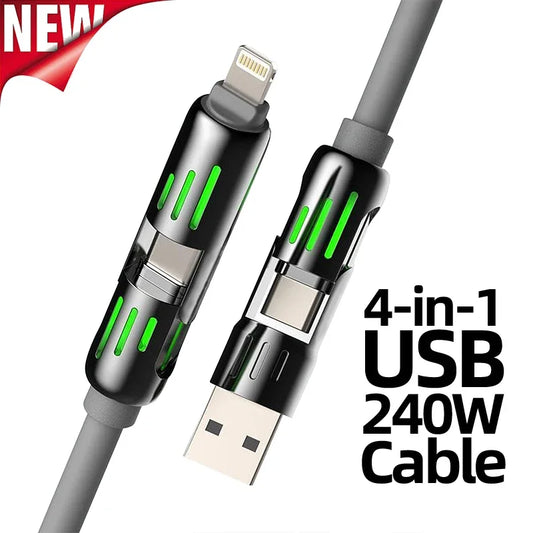 4-in-1 Multi USB Charging Cable – 240W Fast Charging 4ft Charger Cord with USB-A & Type-C for iPhone 16/15/14/13, iPad & Samsung