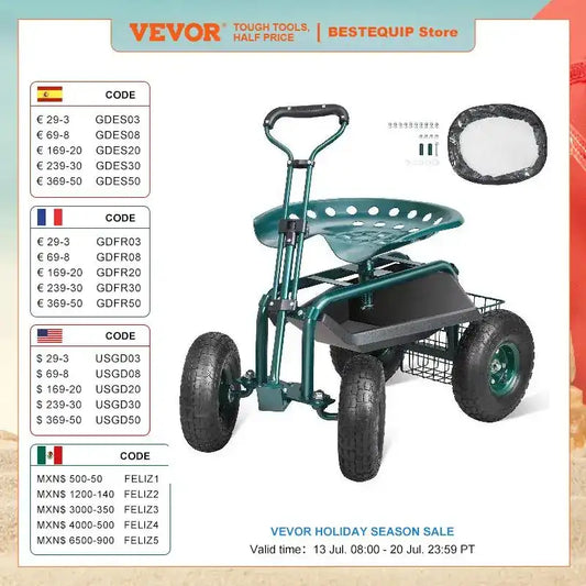 VEVOR Garden Cart Rolling Work-Seat with Wheels – 360° Swivel Gardening Scooter & Tool Wagon