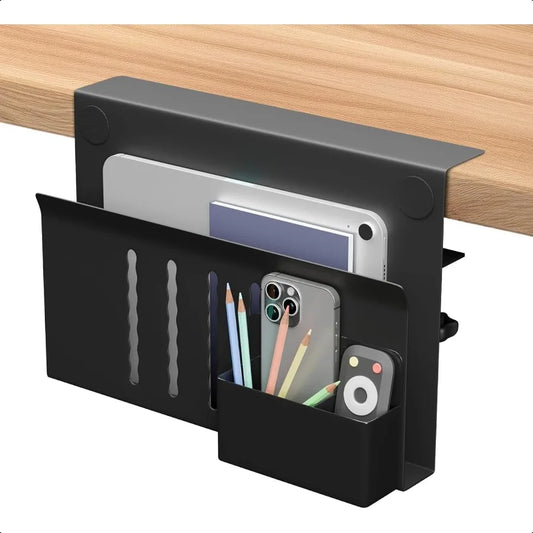 Clamp-On Under-Desk Hanging Organizer with Pen Holder – No-Drill Side Storage Box