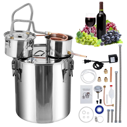 5 Gallon (19L) Stainless Steel Water & Alcohol Distiller – Home Brewing DIY Kit with Built-in Thermometer, Copper Tube & Water Pump