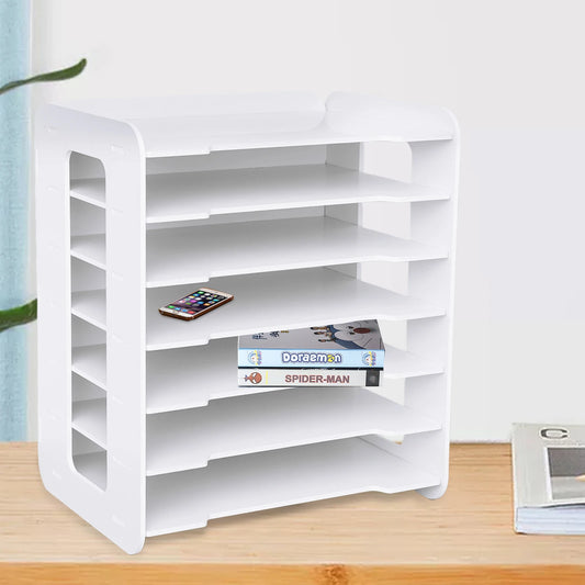 📂 7-Tier White Wooden Desktop Organizer – Office Document Rack & File Storage Shelf for Home, School & Classroom