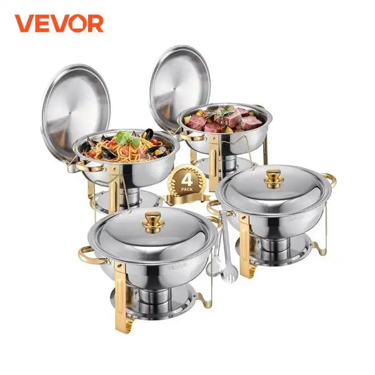 Vevor 4-Pack Chafing Dish Buffet Set – Stainless Steel Chafer with 4 Full-Size Pans, Round Catering Warmers for Parties & Banquets