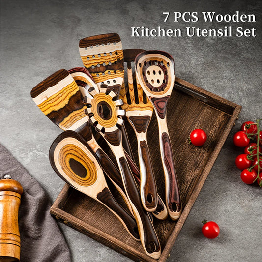 7-Piece Brown Pakkawood Utensils Set – Sturdy Eco-Friendly Wooden Spoons & Cooking Tools