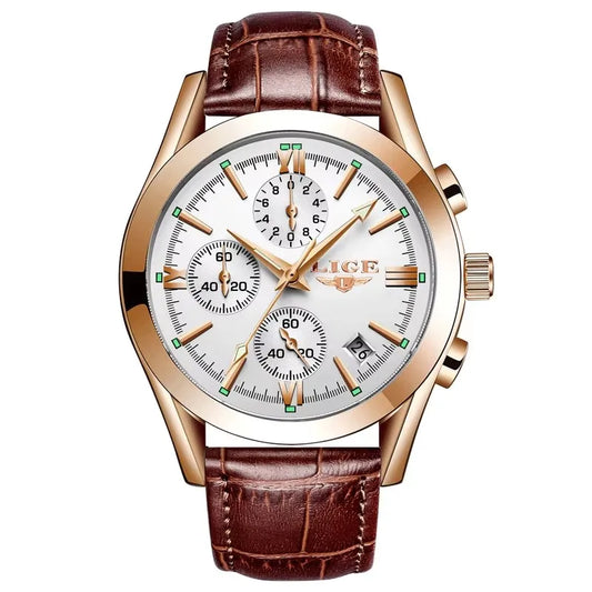 LIGE Men’s Luxury Waterproof Sport Watch – Luminous Quartz Military Leather Chronograph with Date Display