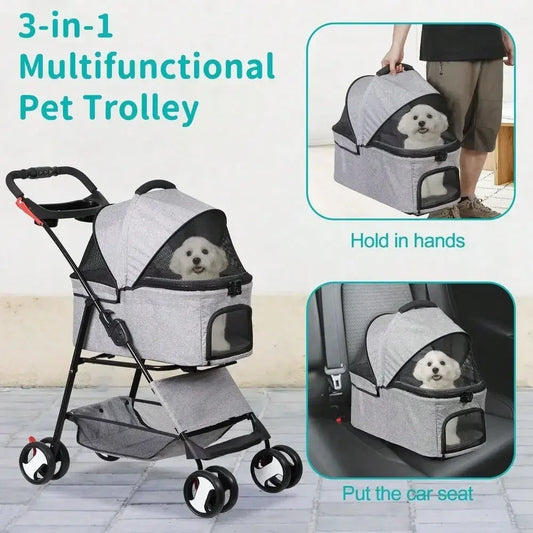 Pet Stroller with Detachable Carrier – Folding Travel Cart for Small Dogs & Cats, 360° Swivel Front Wheels