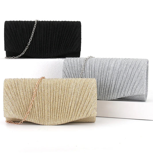 Women’s Fold Glitter Envelope Clutch – Shiny Silver Pleated Evening Bag with Chain Strap for Weddings & Parties
