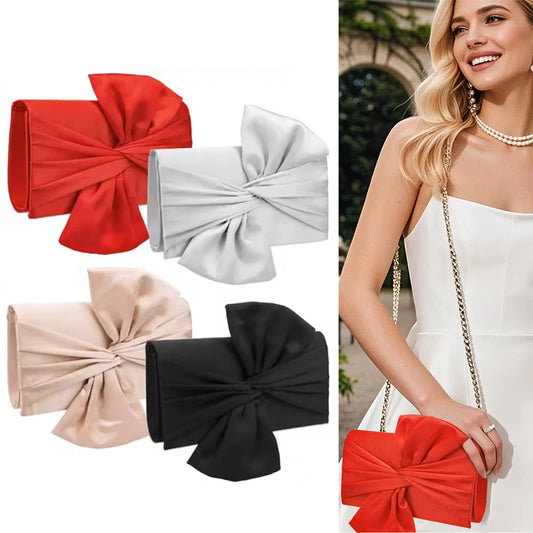Women’s Exquisite Pleated Satin Evening Bag – Elegant Bow Clutch with Chain Strap for Weddings, Parties & Formal Events