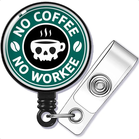 ☕ Funny “No Coffee No Workee” Badge Reel – Retractable Skeleton ID Card Holder with Alligator Clip for Nurses, Doctors & Staff