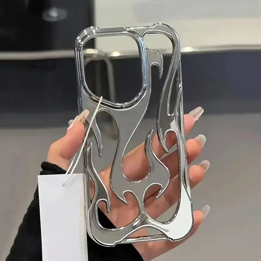 Hollowed Flame iPhone Case – Electroplated Silver Cool Design for iPhone 15–11 Pro Max & Plus