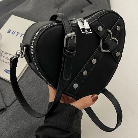 Heart Rivet PU Leather Satchel Bag – Small Heart Rivet Design, Adjustable Strap, Solid Colour Women’s Dating Bag