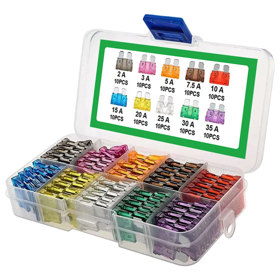 10-Type Auto Blade Fuse Kit – 100pcs (2A 3A 5A 7.5A 10A 15A 20A 25A 30A 35A) with Box Organizer