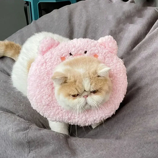 Cute Cartoon Cat Recovery Collar – Adjustable Plush Protective Cone, Anti-Bite & Comfortable Neck Guard for Pets