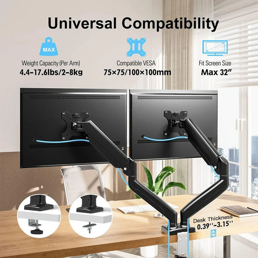 Dual Monitor Stand with C-Clamp & Grommet Base – Adjustable Desk Mount for 13″–32″ Computer Screens up to 19.8 lbs