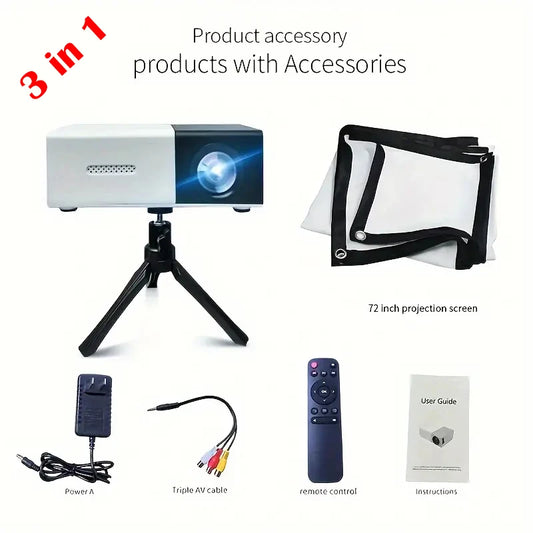 Mini Portable LED Projector Kit – Includes 72″ Screen & Adjustable Bracket; HDMI / USB / TF Audio Projection for Travel