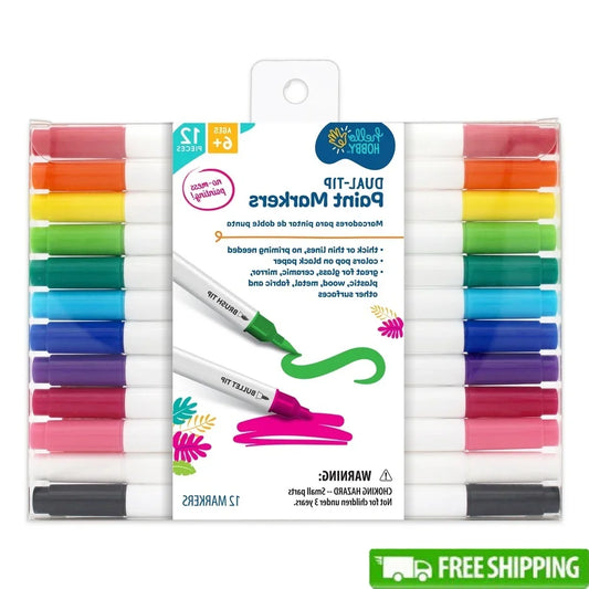 Acrylic Paint Markers Set – 12 Dual-Tip Permanent Pens for Glass, Wood, Fabric, Metal & More