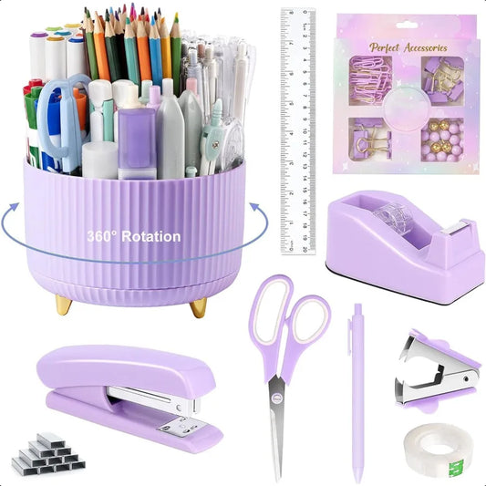 Purple Desk Accessories Set – 360° Pen Holder & Tape Dispenser with Stapler